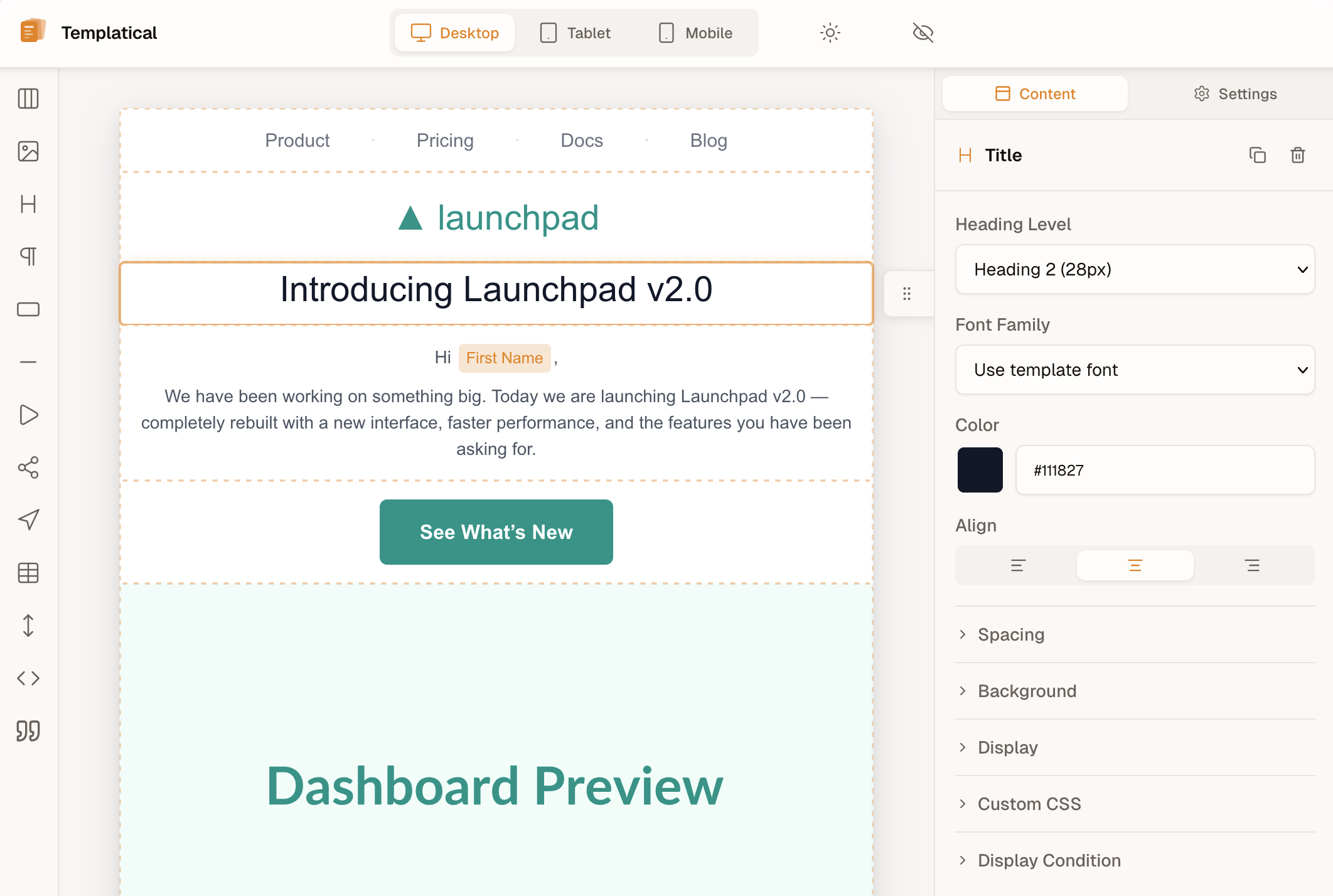Templatical editor: drag-and-drop email builder with toolbar, canvas, and inspector panels
